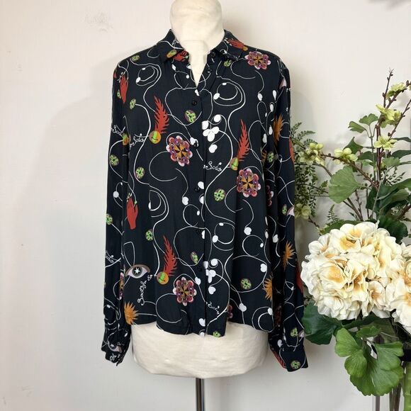 Anthropologie | Scotch & Soda Printed Balloon Sleeve Button Front Shirt Black M - Picture 1 of 12